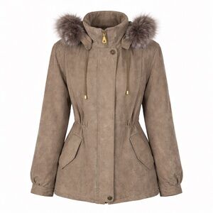 St. John’s Bay Faux Suede & Fur Parka Cinched Waist Quiet Luxury Taupe
